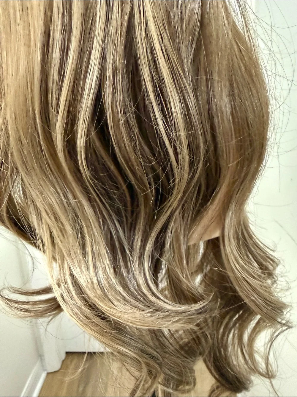 HAIR, 30” Long Layers, Center Part Ombre Variegated Highlighted Brown Shades